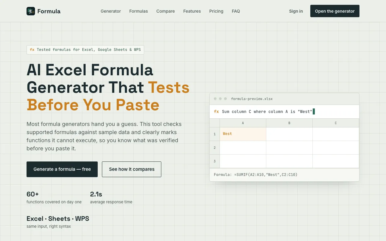 Screenshot of Excel Formula Generator