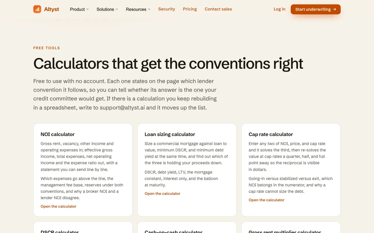 Screenshot of Commercial Real Estate Calculators on Altyst