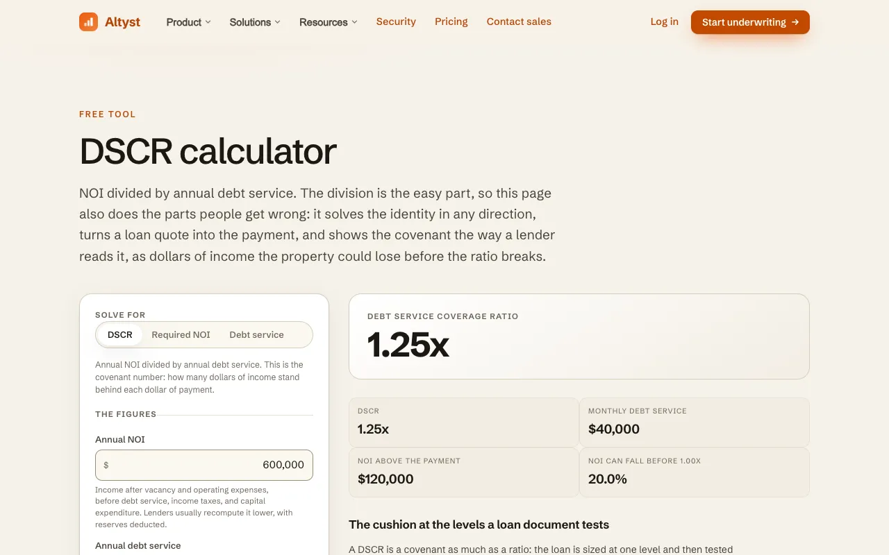Screenshot of Dscr Calculator on Altyst