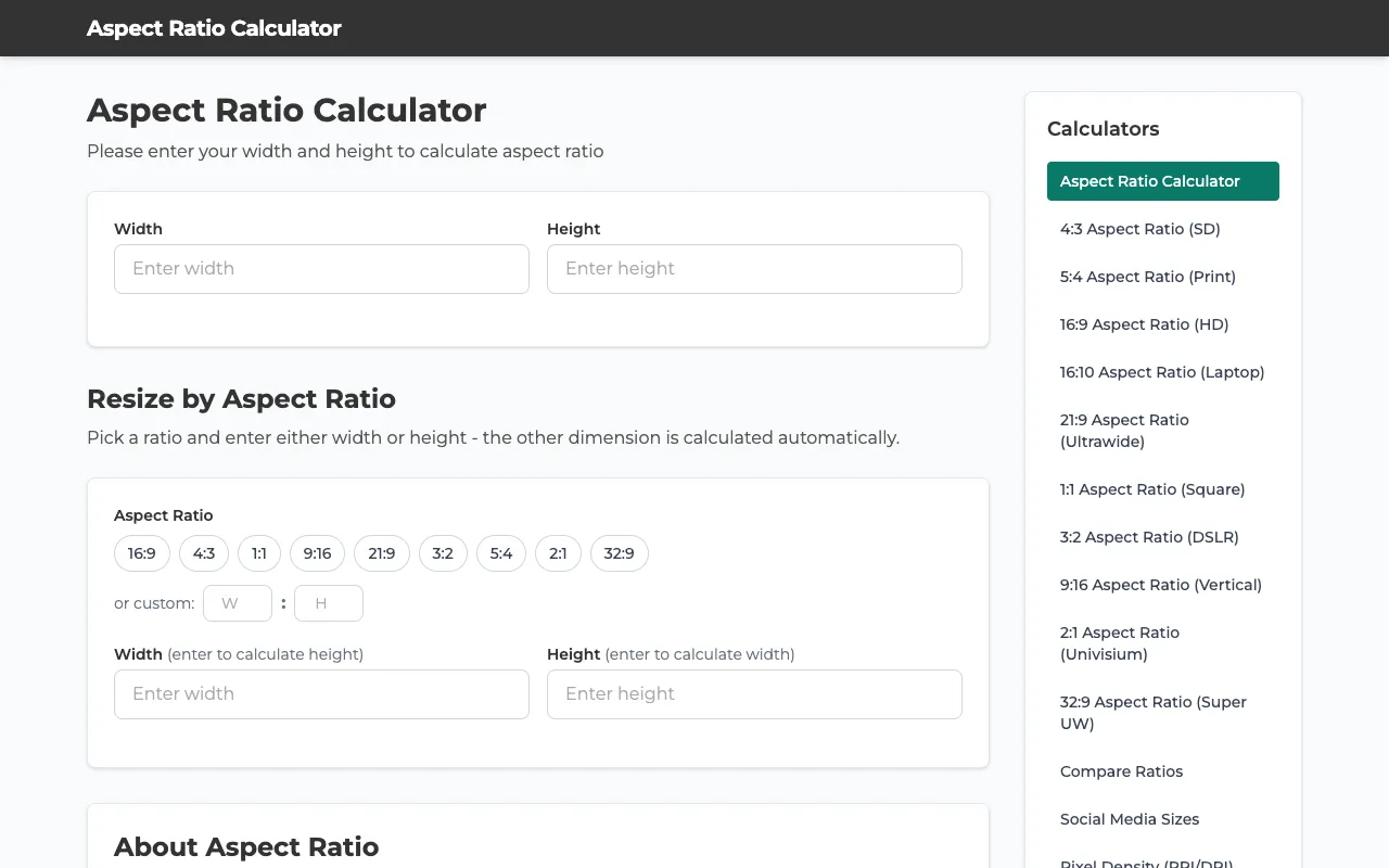Screenshot of Aspect Ratio Calculator