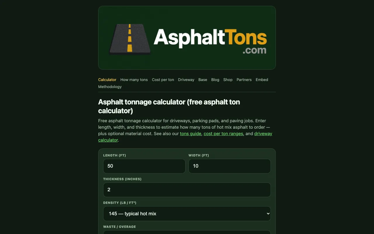 Screenshot of Asphalt Tonnage Calculator