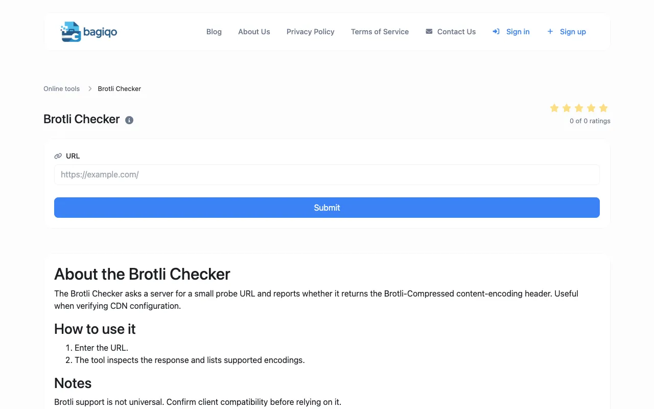 Screenshot of Brotli Compression Checker