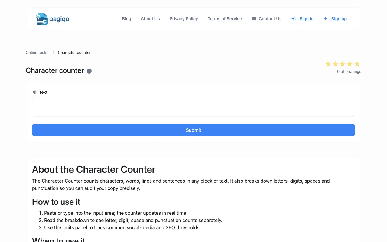 Screenshot of Character Counter on Bagiqo