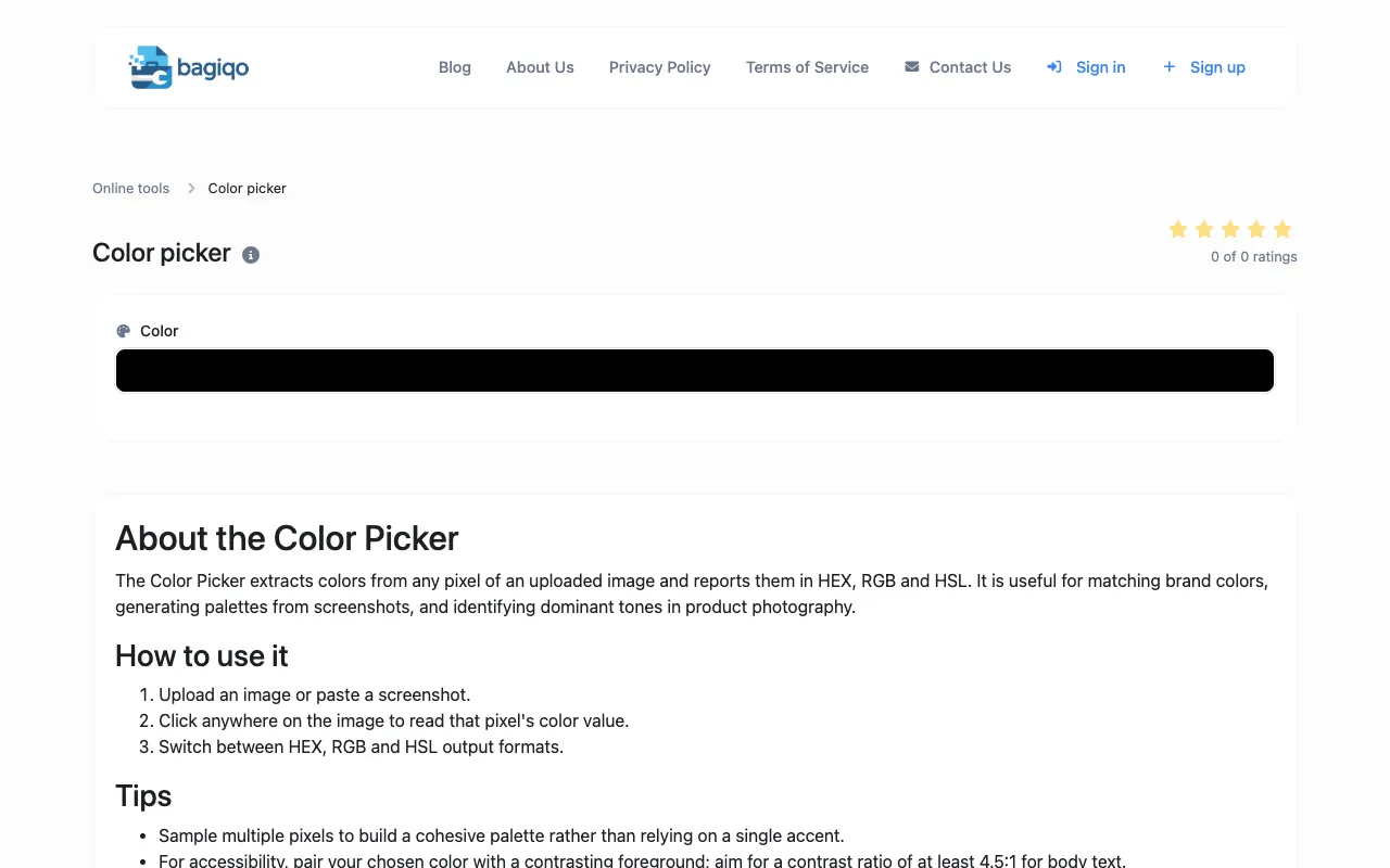 Screenshot of Color Picker on Bagiqo