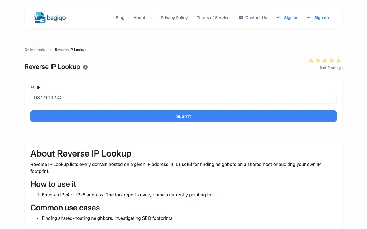 Screenshot of Reverse IP Lookup
