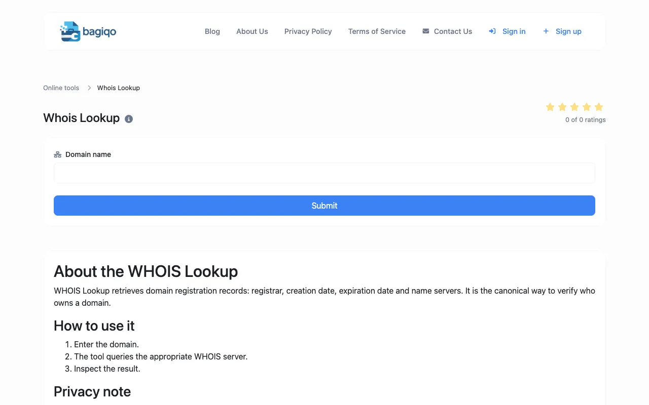 Screenshot of Whois Lookup on Bagiqo