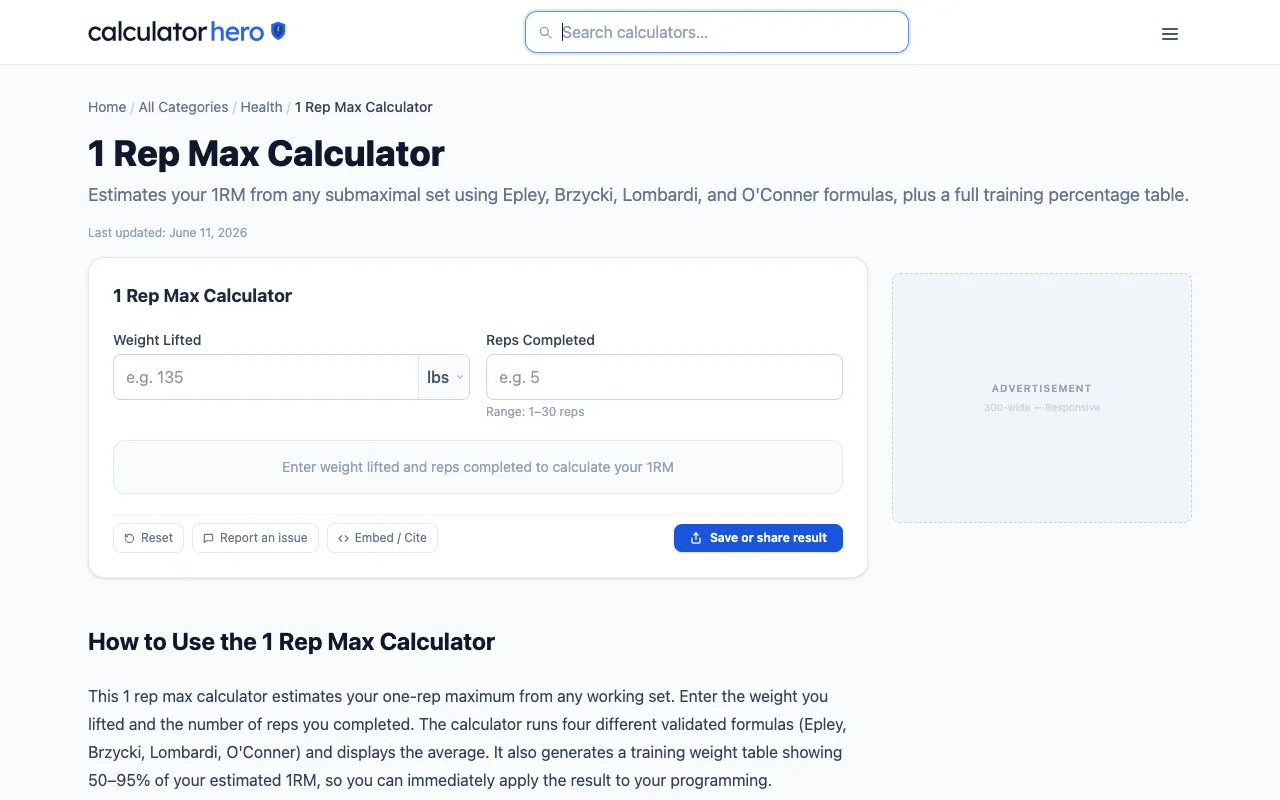 Screenshot of 1 Rep Max Calculator
