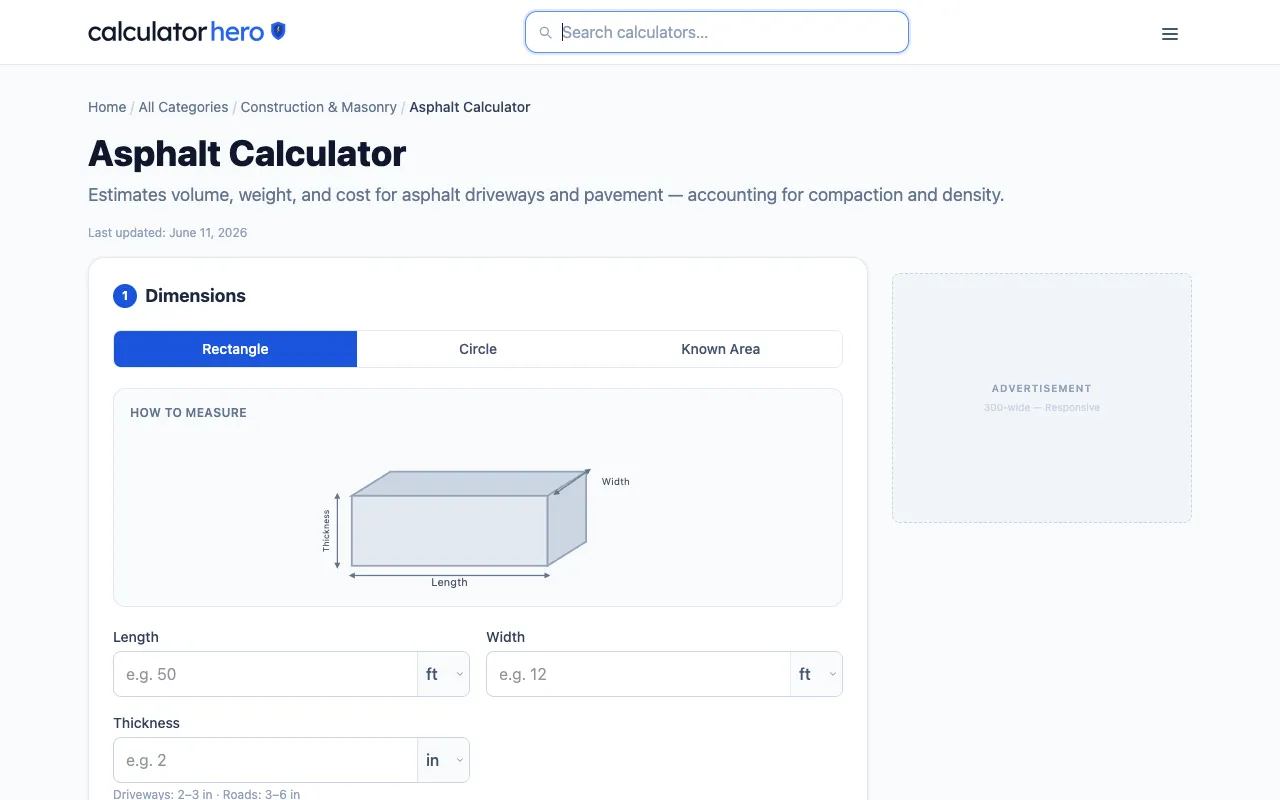 Screenshot of Asphalt Calculator on Calculator Hero