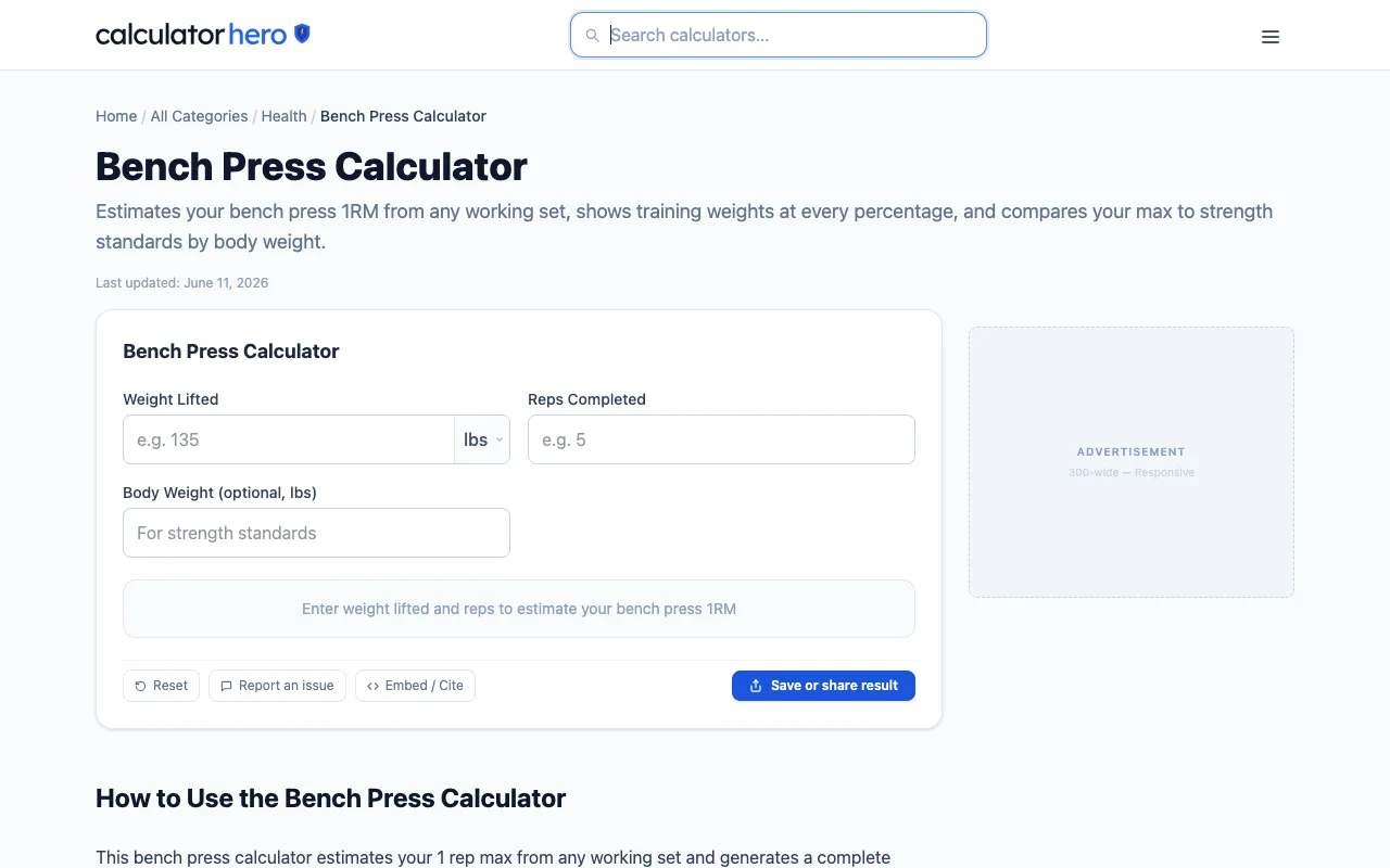 Screenshot of Bench Press Calculator