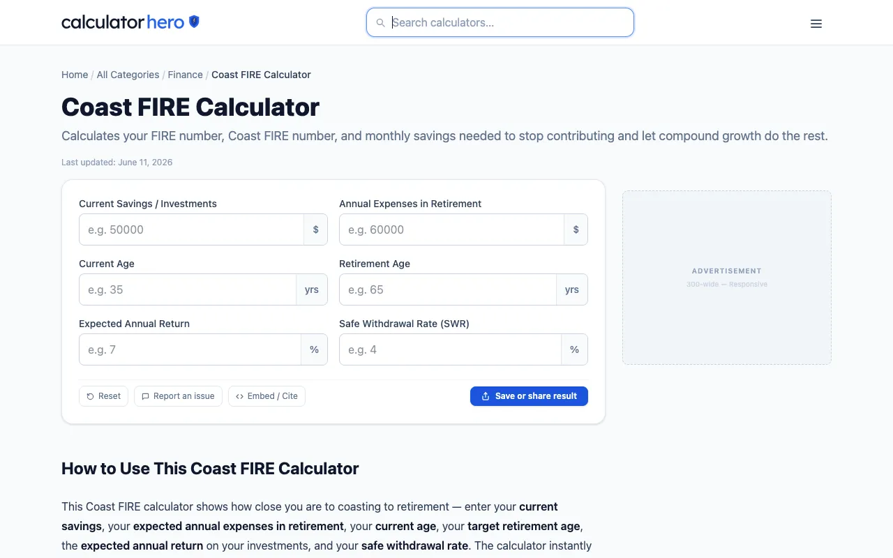 Screenshot of Coast FIRE Calculator