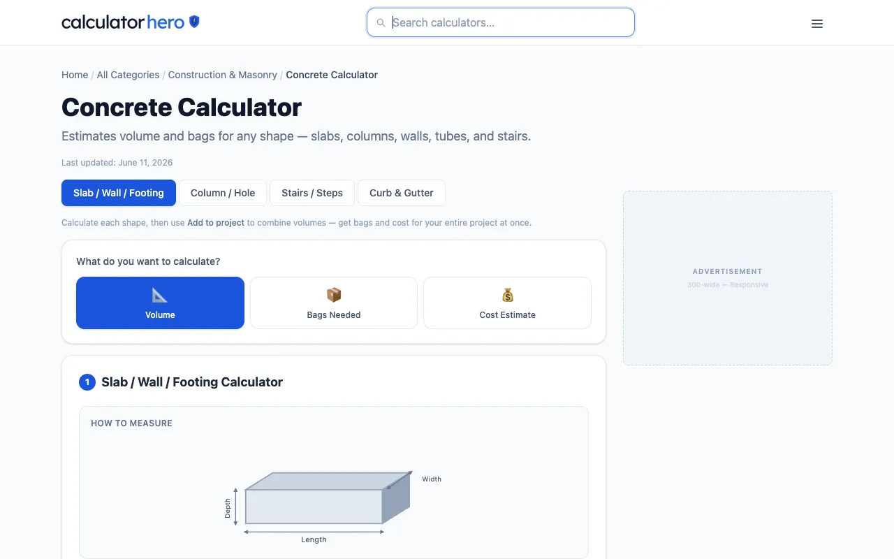 Screenshot of Concrete Calculator on Calculator Hero