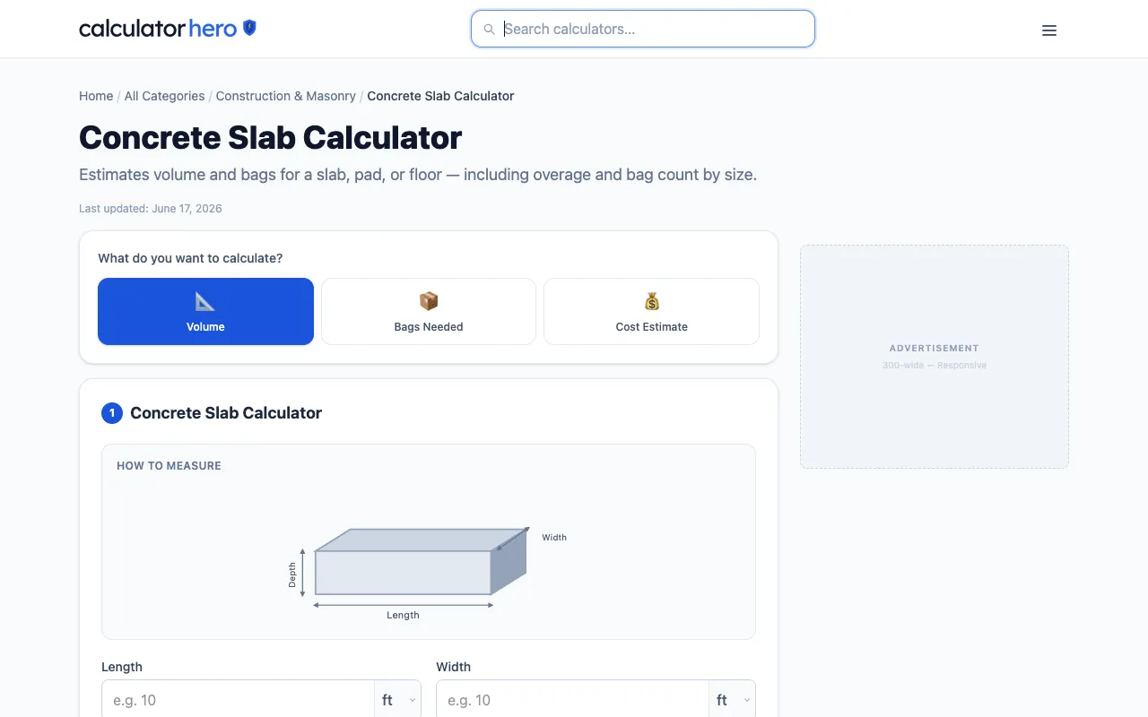 Screenshot of Concrete Slab Calculator