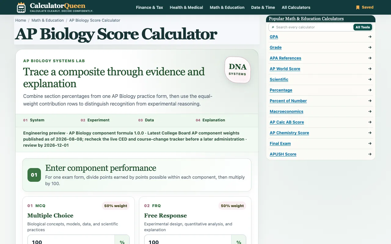 Screenshot of AP Biology Score Calculator