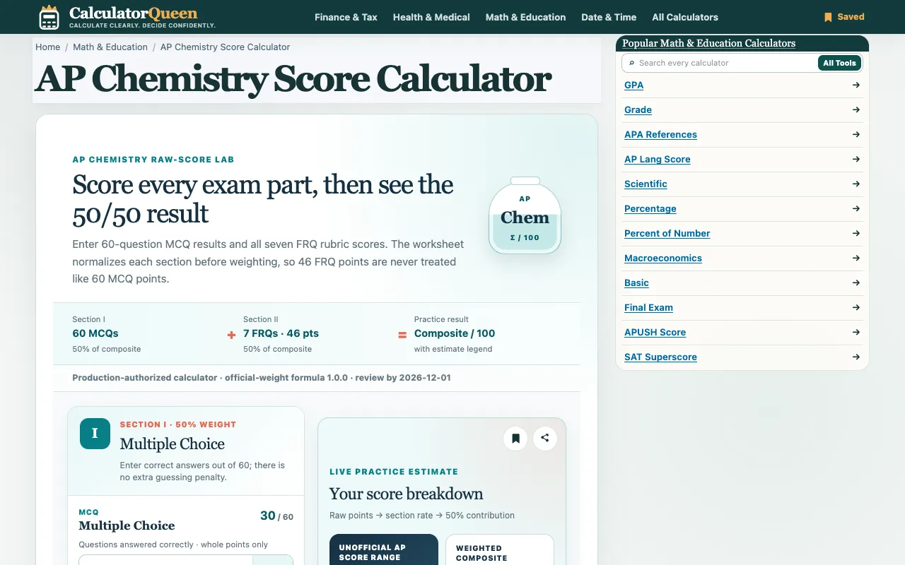 Screenshot of AP Chemistry Score Calculator