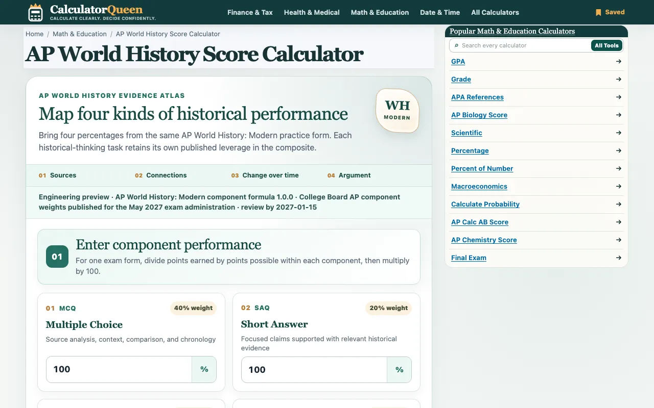 Screenshot of AP World History Score Calculator