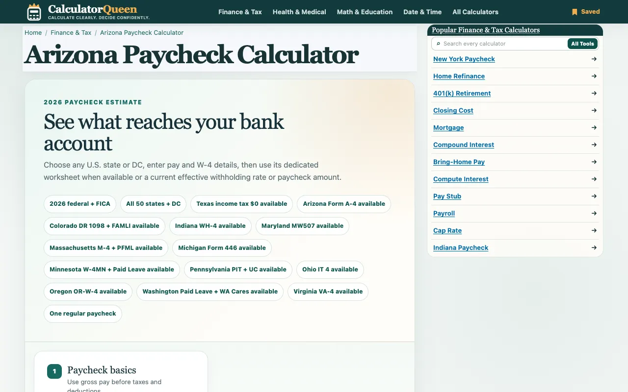 Screenshot of Arizona Paycheck Calculator