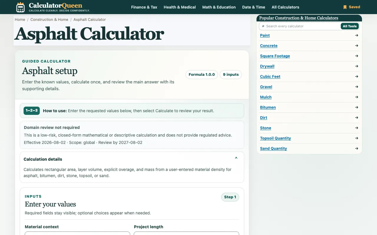 Screenshot of Asphalt Material Calculator
