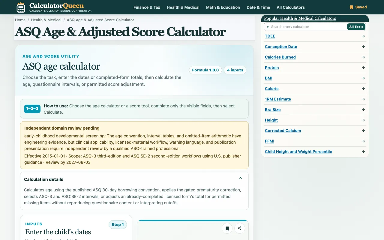 Screenshot of ASQ Score Calculator