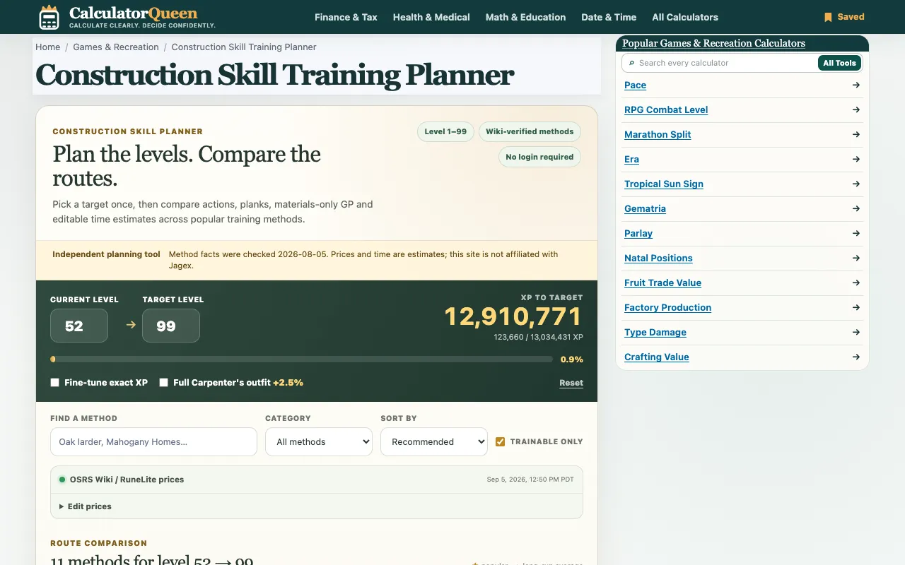Screenshot of Construction Skill Planner