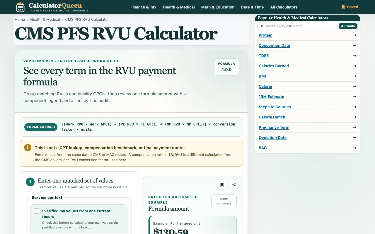 Screenshot of RVU Calculator