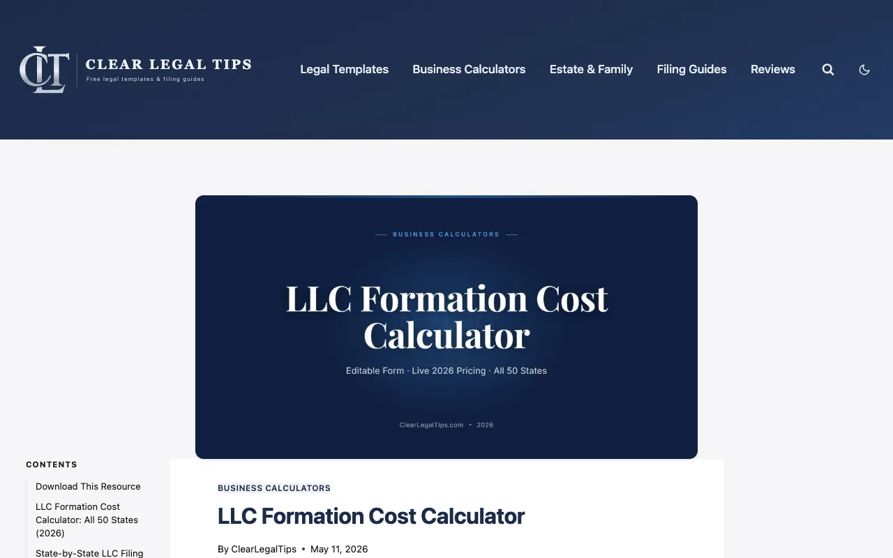 Screenshot of LLC Formation Cost Calculator