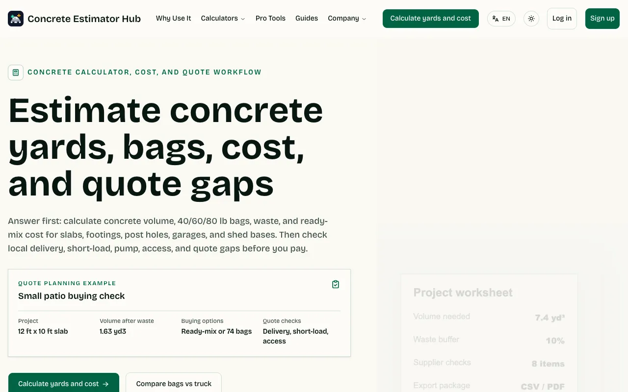 Screenshot of Concrete Calculators