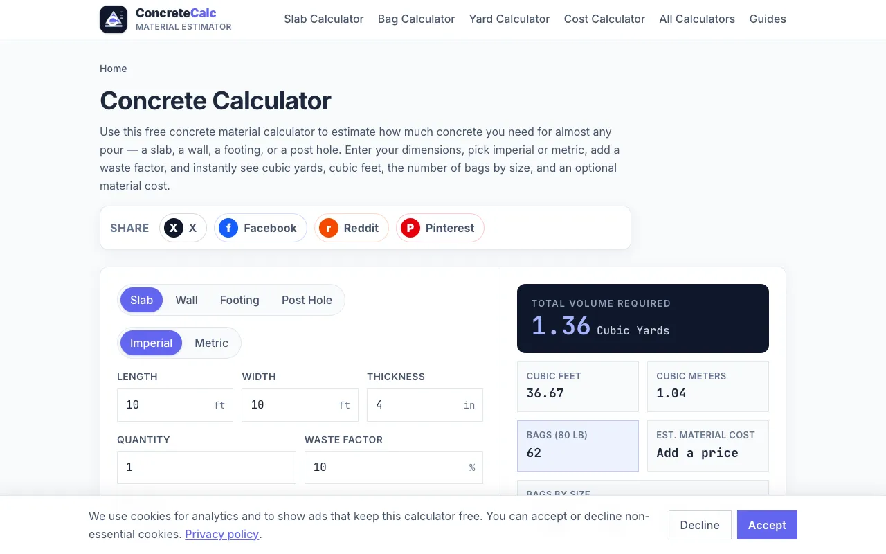 Screenshot of Concrete Material Calculator