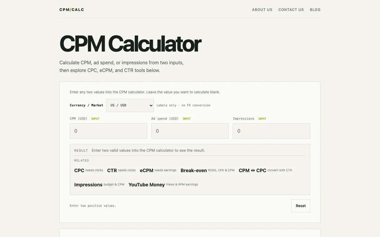 Screenshot of CPM Calculator