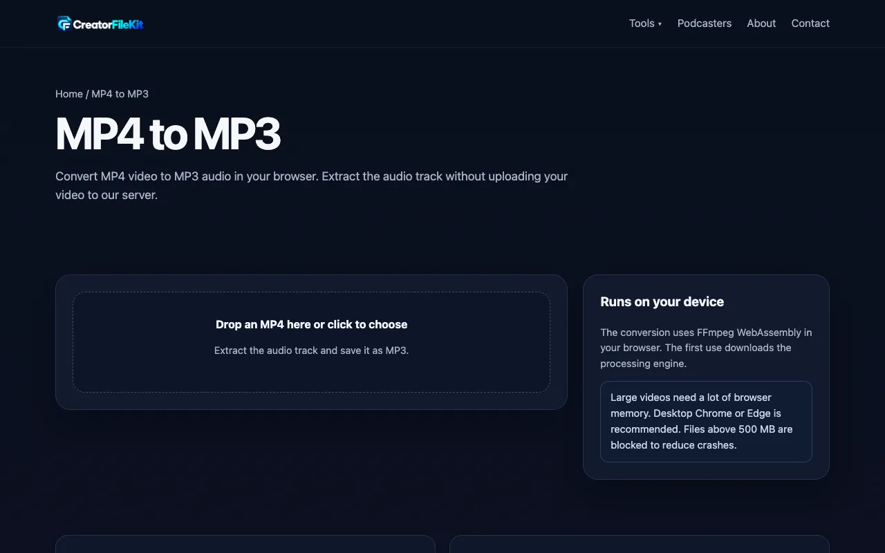 Screenshot of MP4 to MP3 on CreatorFileKit