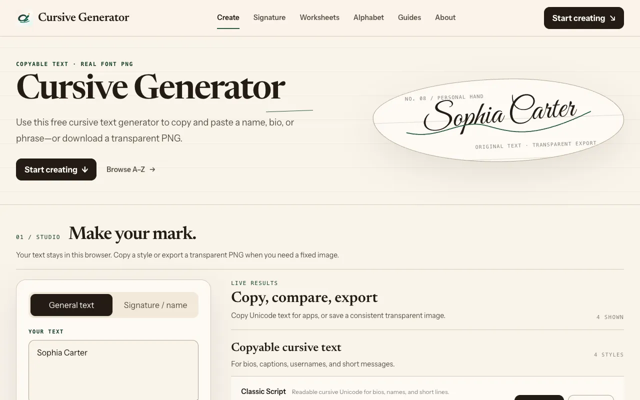 Screenshot of Cursive Generator