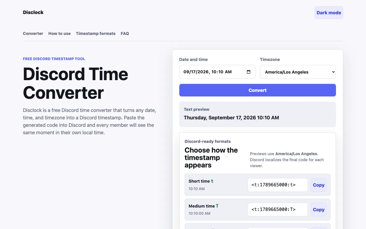 Screenshot of Discord Timestamp Generator