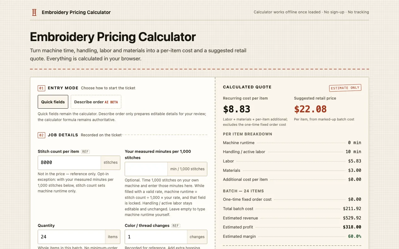 Screenshot of Pricing Calculator