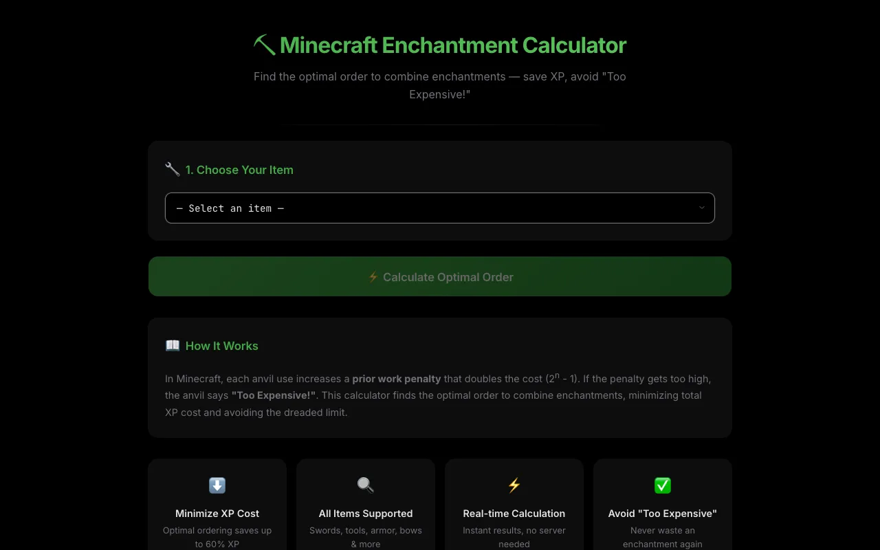 Screenshot of Enchantment Order Calculator