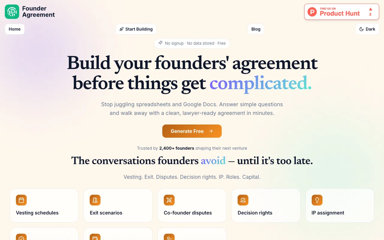 Screenshot of Founders Agreement Generator