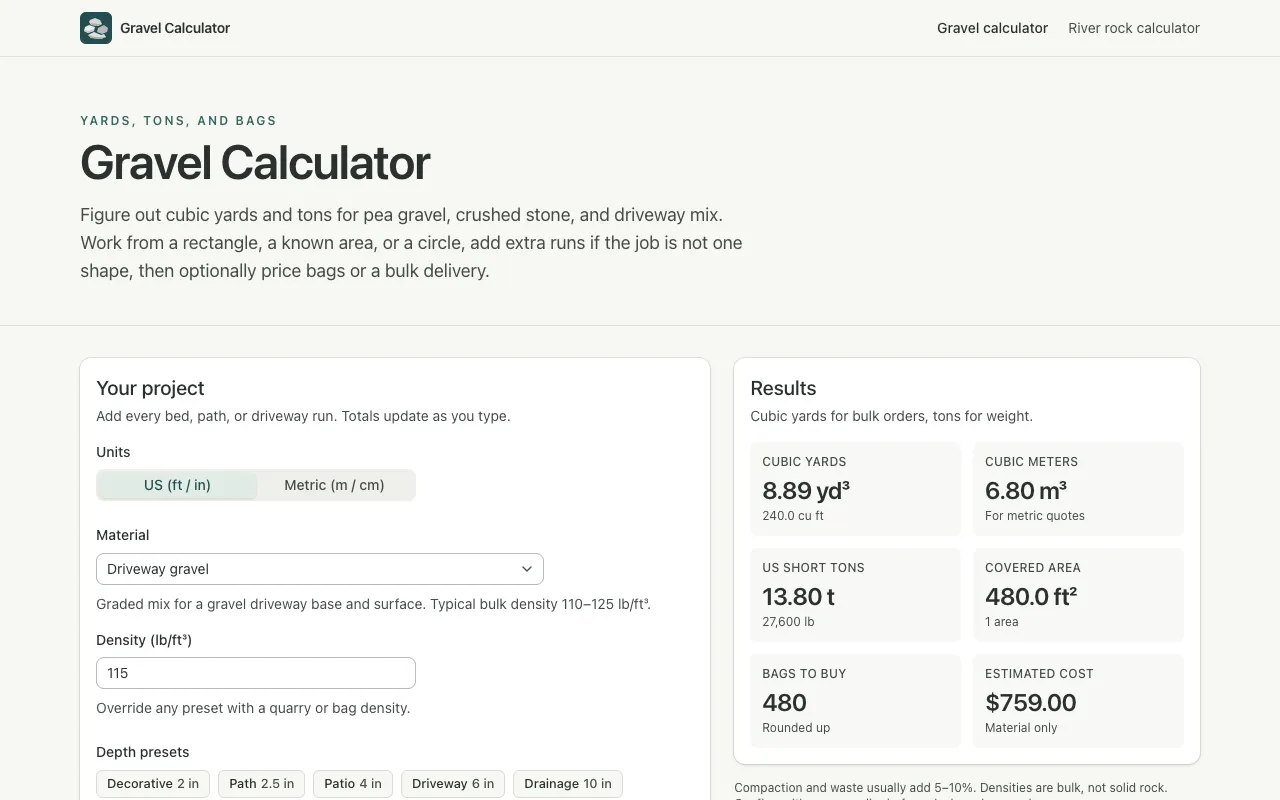 Screenshot of Free Gravel Calculator