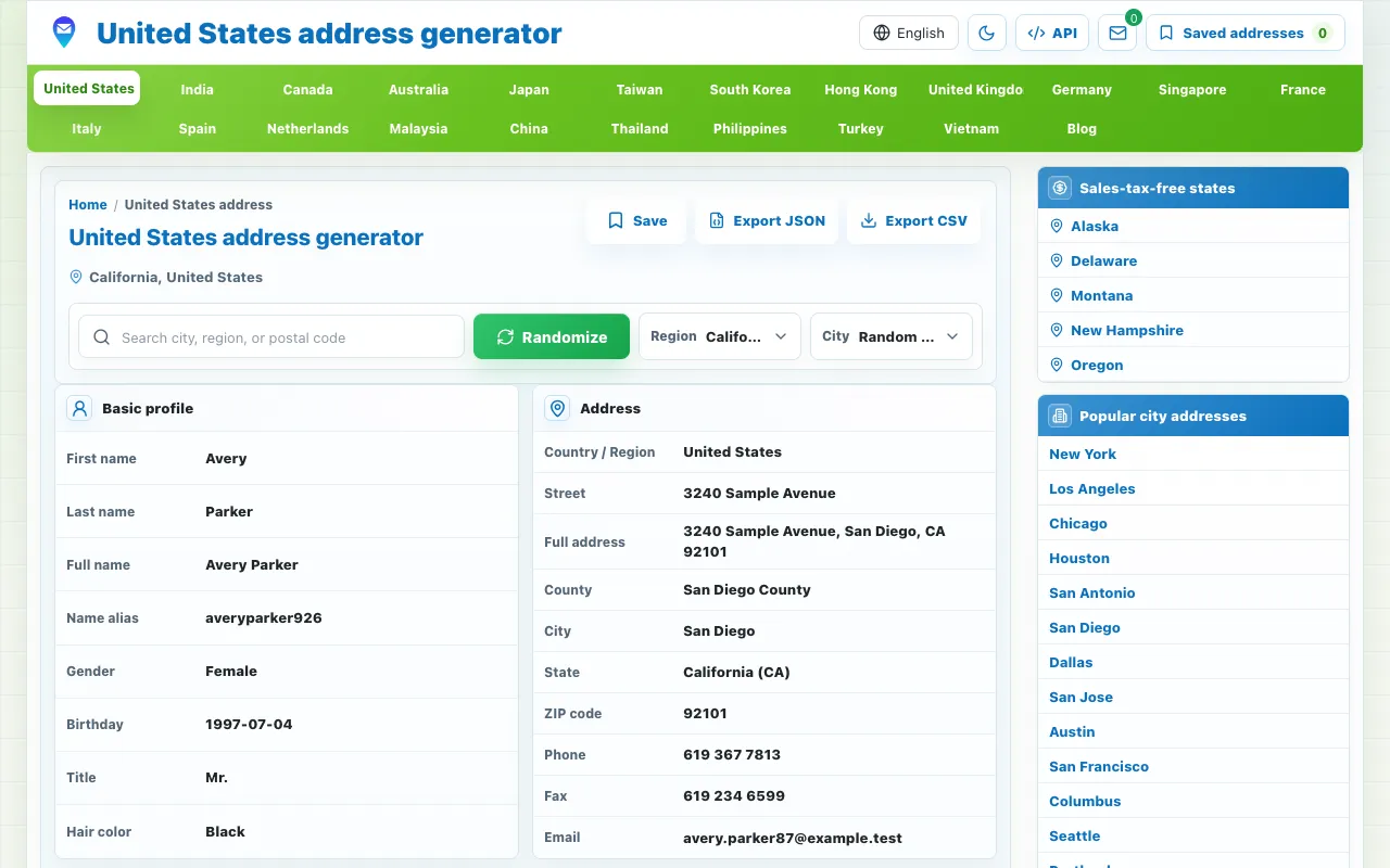 Screenshot of Synthetic Address Generator