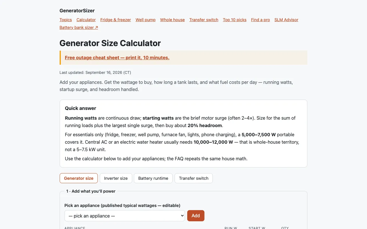 Screenshot of Generator Size Calculator on Generator Sizer