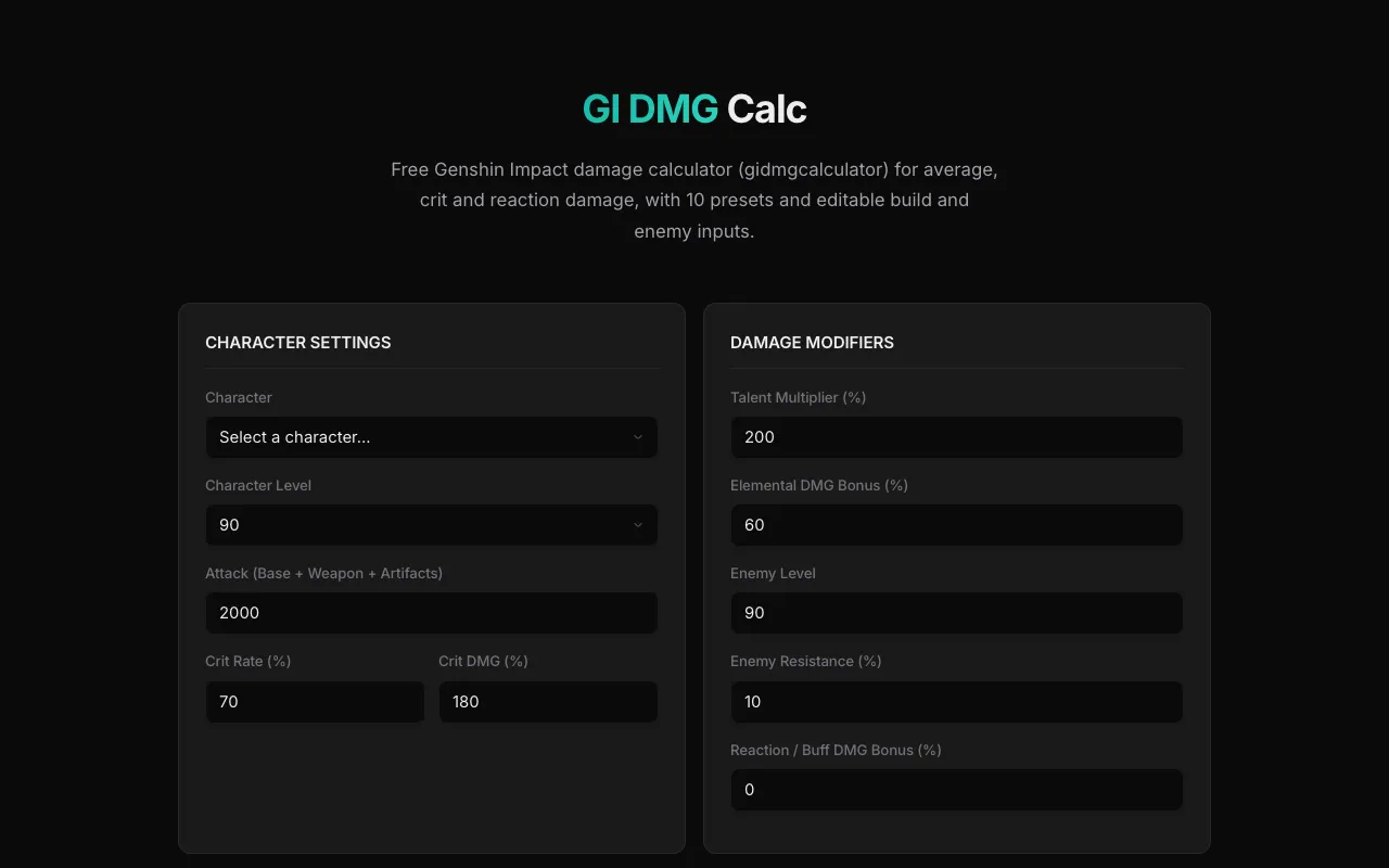 Screenshot of Character Damage Calculator