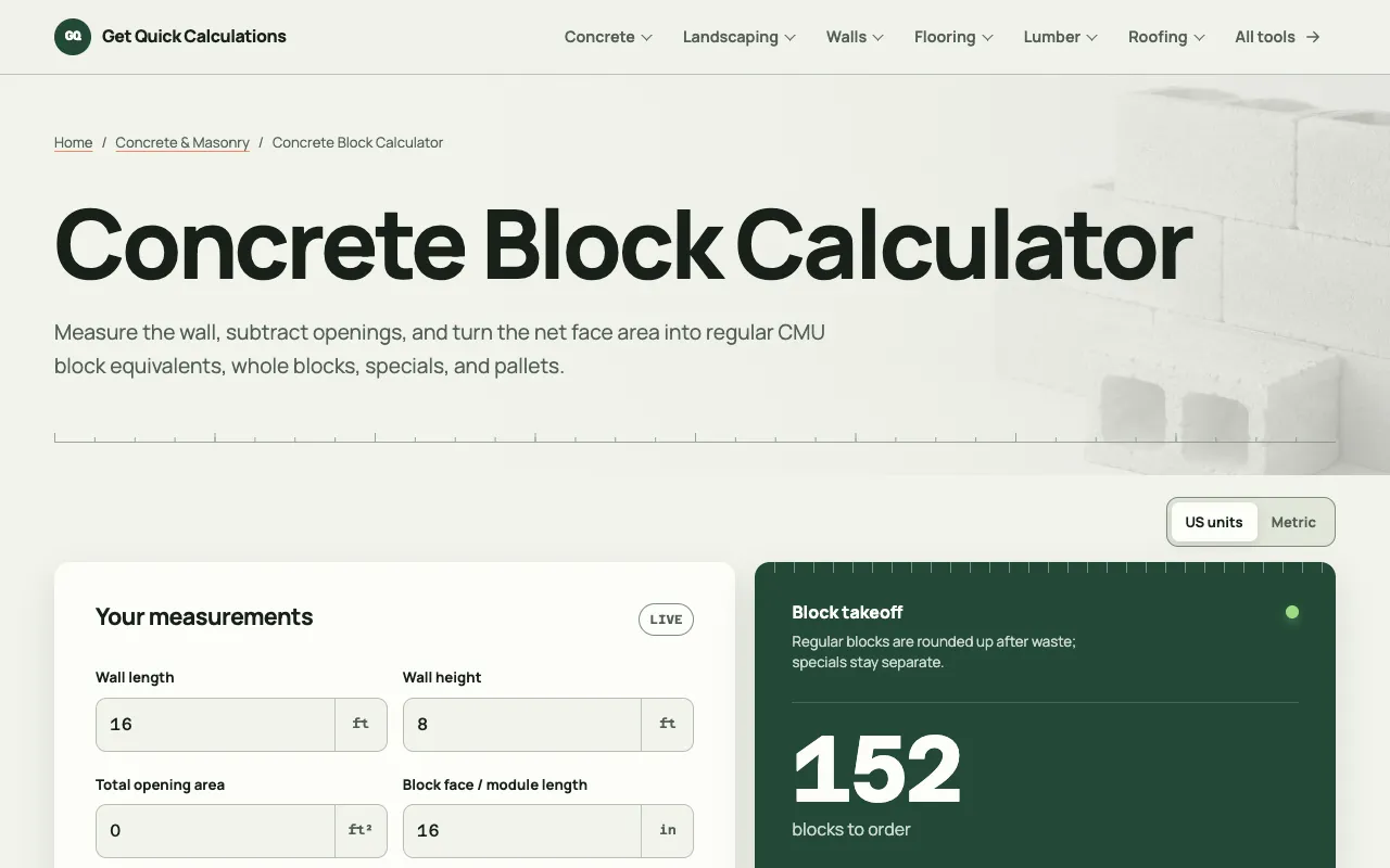 Screenshot of Concrete Block Calculator on GQ Calc