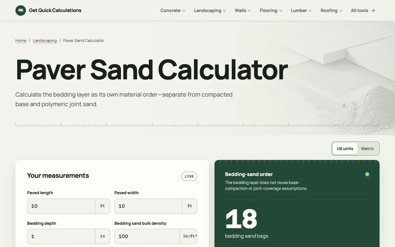 Screenshot of Paver Sand Calculator on GQ Calc
