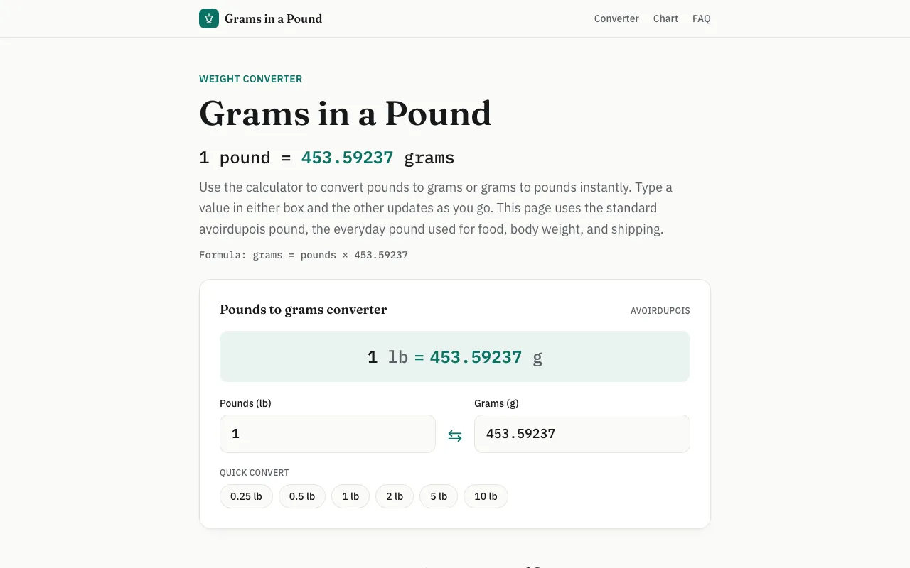 Screenshot of Grams in a Pound