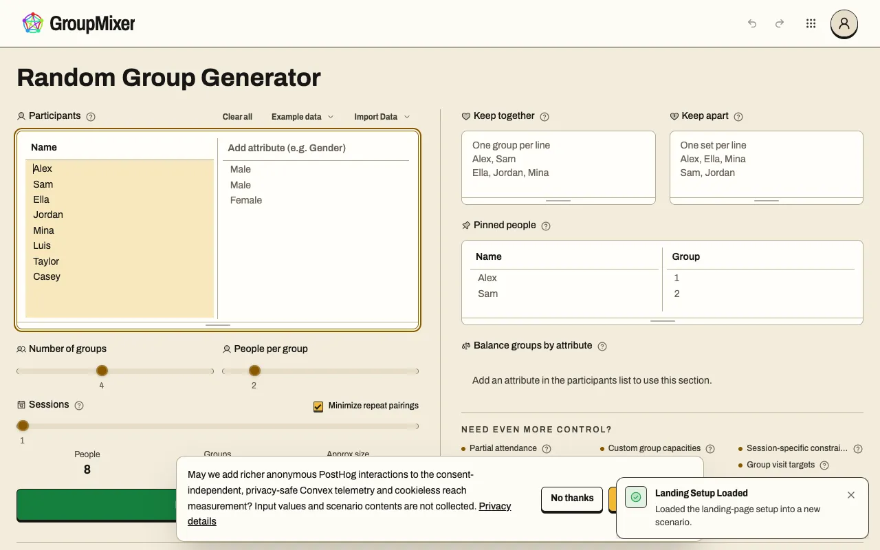 Screenshot of Group Generator