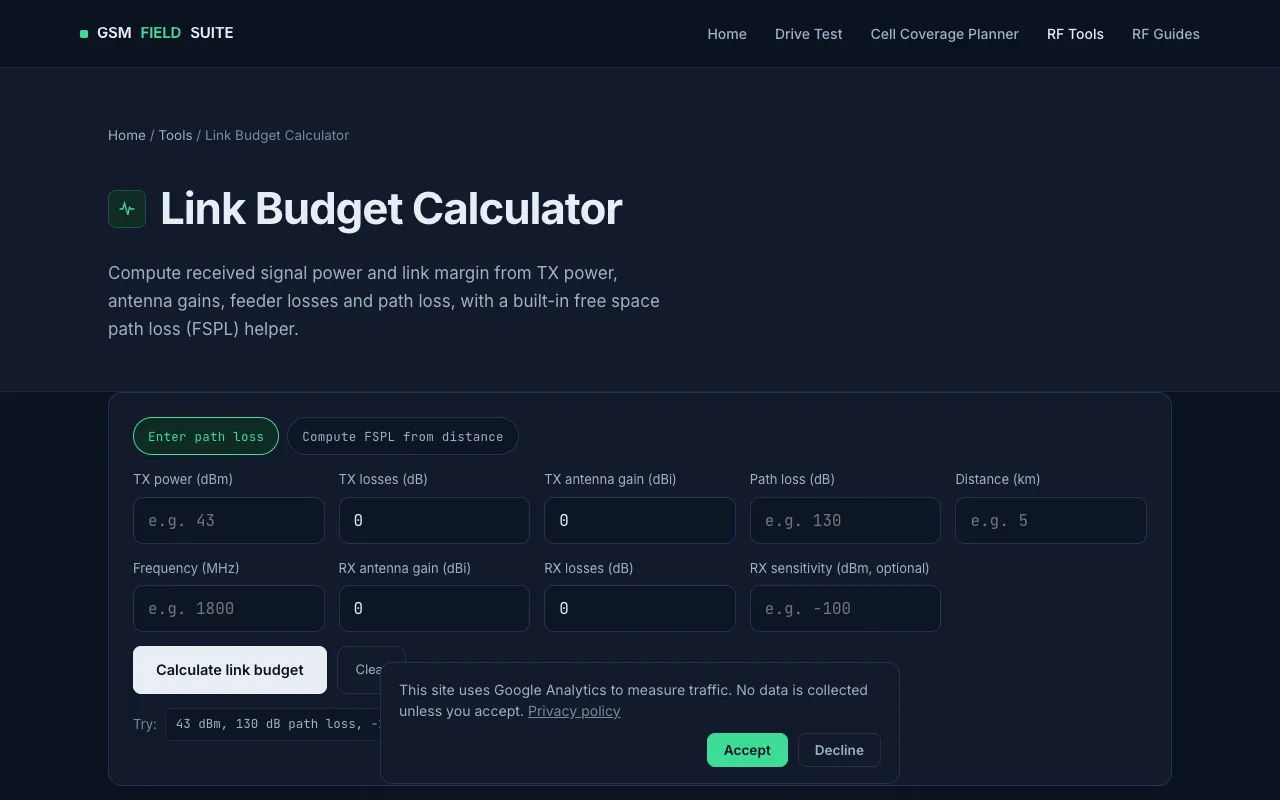 Screenshot of RF Link Budget Calculator