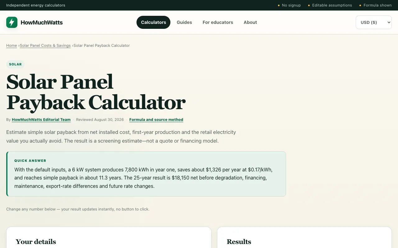 Screenshot of Solar Panel Payback Calculator