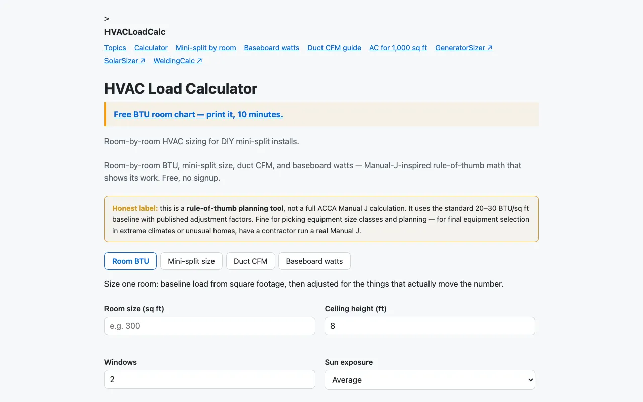 Screenshot of HVAC Load Calculator