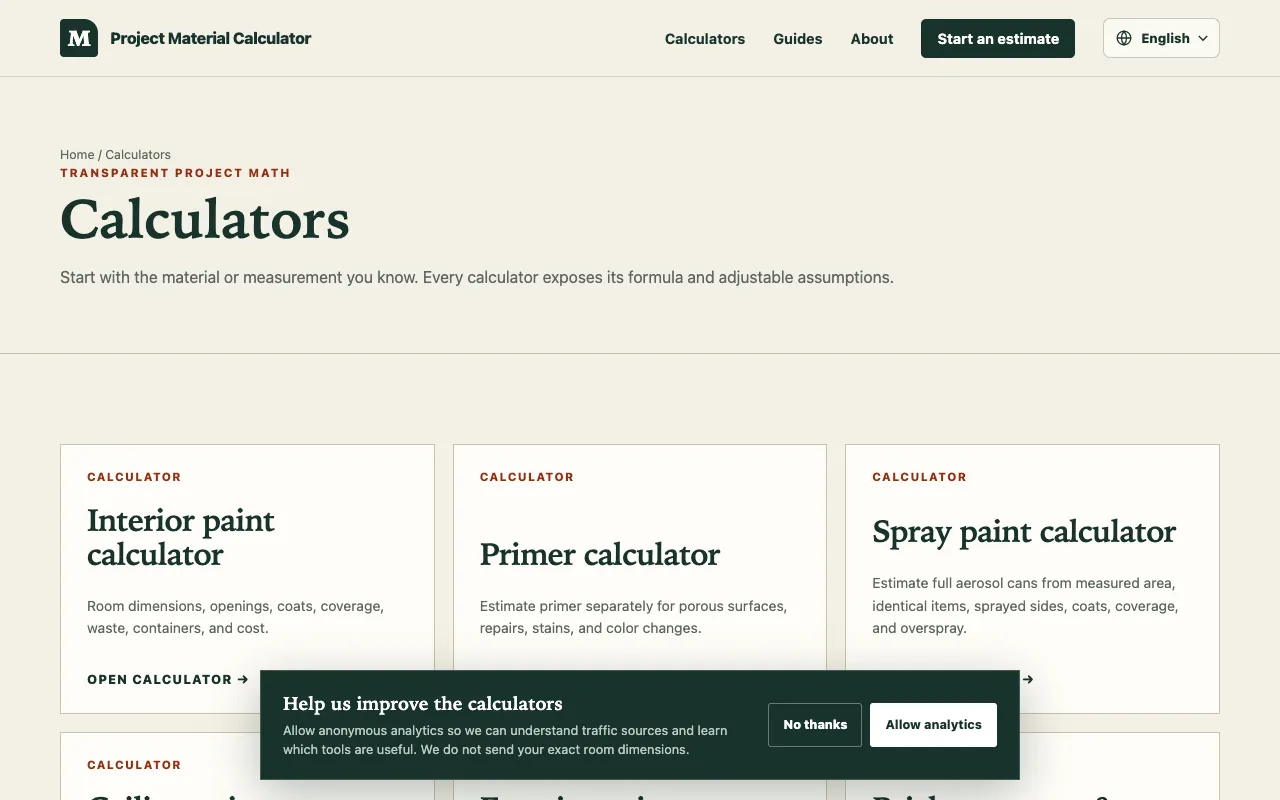 Screenshot of Material Calculators Suite