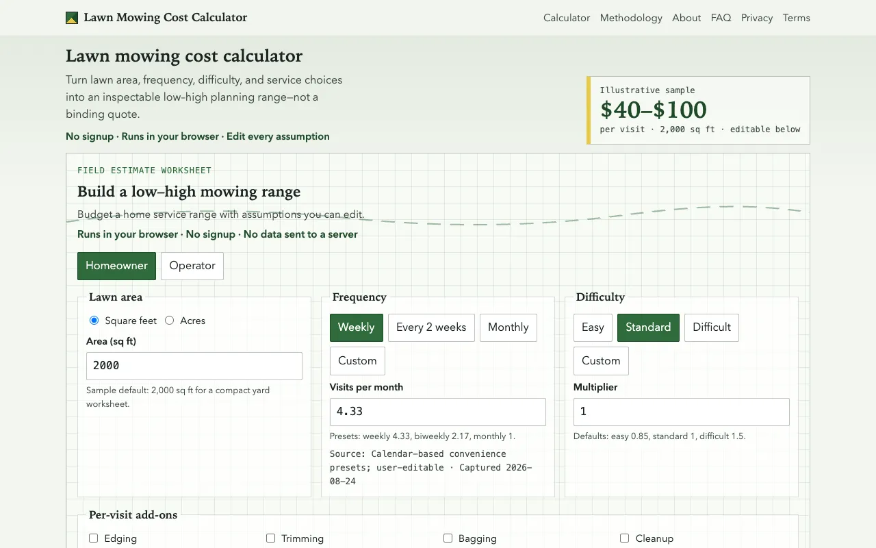 Screenshot of Lawn Mowing Calculator