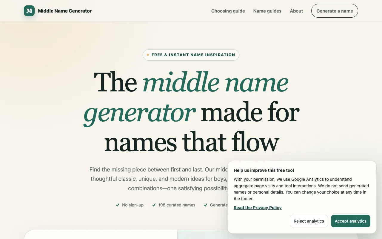 Screenshot of Middle Name Generator