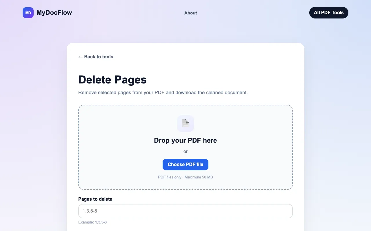 Screenshot of Delete PDF Pages on MyDocFlow