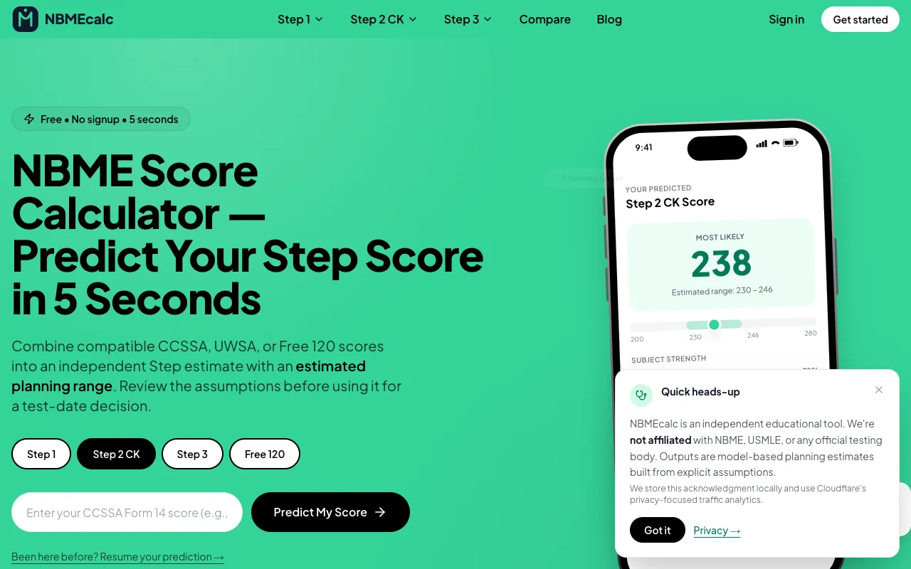 Screenshot of USMLE Score Predictor